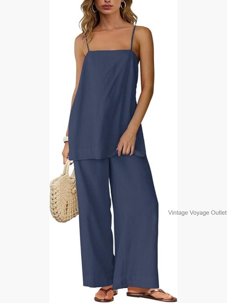 2 Piece Linen Tank Top & Wide Leg Pants Set With Pockets